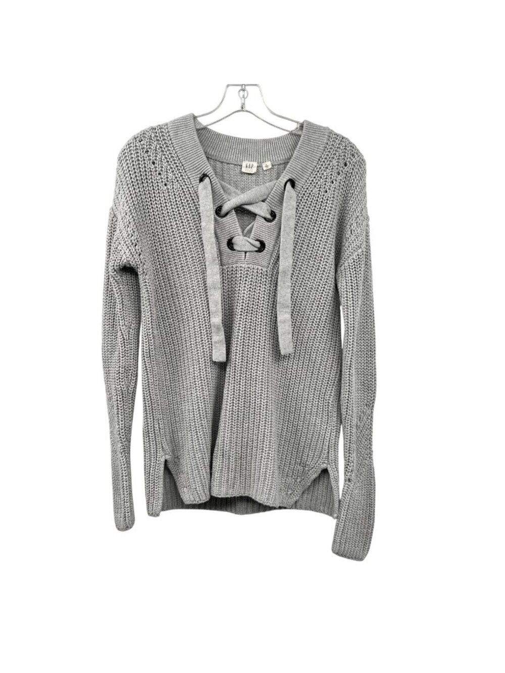 Gap Womens Chunky Knit Sweater Lace Up Neck Gray Size MT